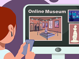 Frau mit Handy vor Bildschirm mit "Online-Museum"