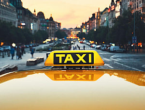 Taxi mit einer Stadt im Hintergrund