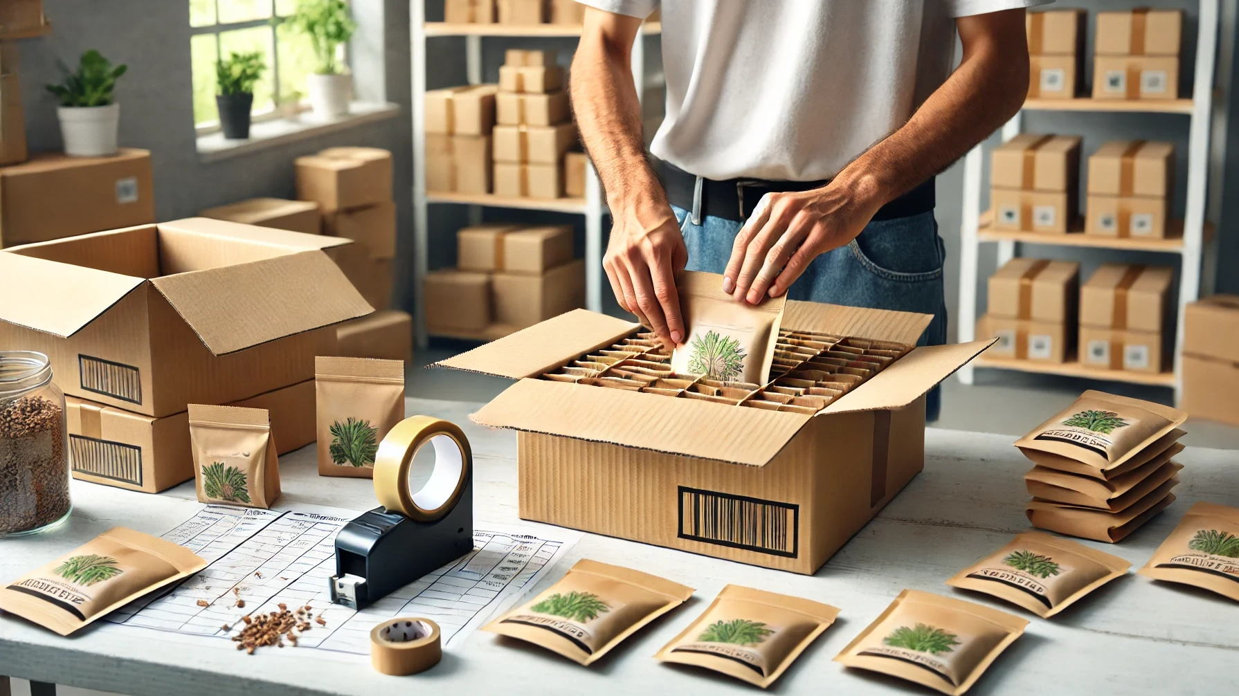 Händler verstaut Samen in einem Versandpaket