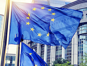 EU-Flaggen, die vor dem Geb&auml;ude des Europ&auml;ischen Parlaments schwenken