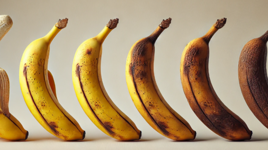 Ein realistisch dargestelltes Bild zeigt eine Banane, die langsam verrottet. Die Banane beginnt auf der einen Seite frisch und gelb, und ver&auml;ndert sich zu braun und fleckig, bis sie schlie&szlig;lich vollst&auml;ndig verfault ist.