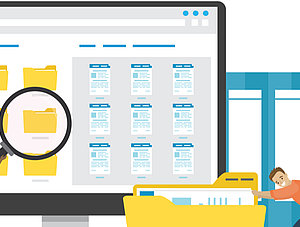 Grafik: Ordner am PC werden mit Lupe durchsucht