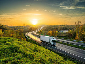 Llw auf Straße im Sonnenuntergang