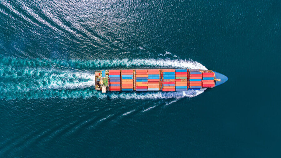 Schiff mit vielen Containern auf dem Meer