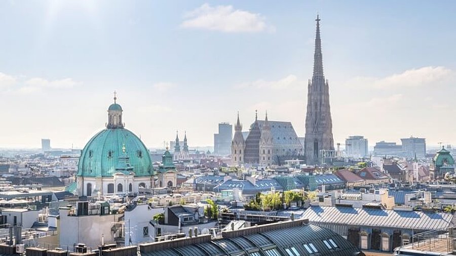 View over Vienna Skyline with St. Stephen's Cathedral at morning, Vienna, Austria