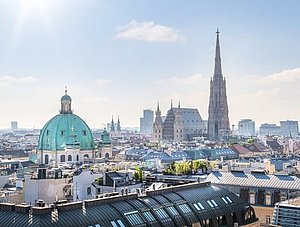 View over Vienna Skyline with St. Stephen's Cathedral at morning, Vienna, Austria