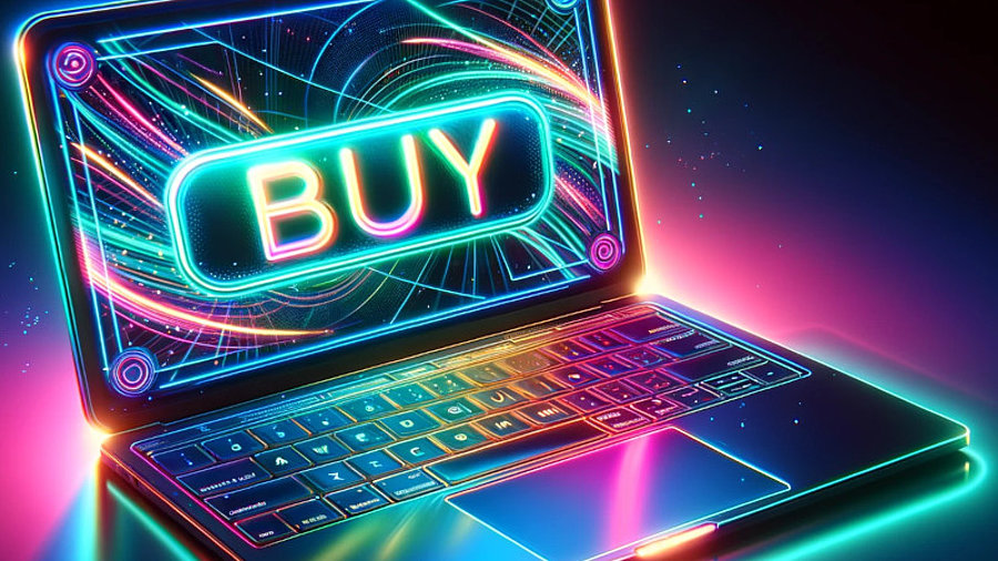 Neonfarbener Laptop mit Buy-Button