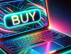 Neonfarbener Laptop mit Buy-Button