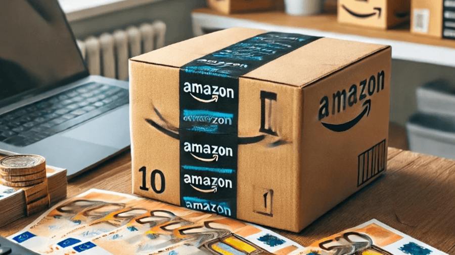 Steuerliche &Auml;nderungen bei Amazon: Ein Amazon-Karton, Dokumente und ein Laptop in einem B&uuml;ro