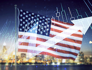 US-Flagge mit Graphen und städtischer Skyline