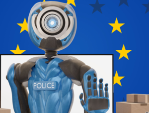 Roboter mit ausgestrecktem Arm vor EU-Flagge und Paketen