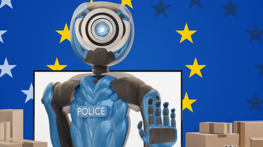 Roboter mit ausgestrecktem Arm vor EU-Flagge und Paketen