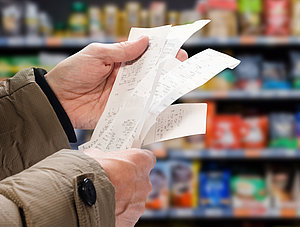 Person schaut im Supermarkt auf Kassenzettel