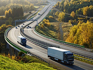 Autobahn mit Lkw und Mautstation 