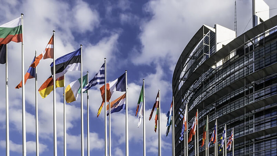 Flaggen vor dem Europ&auml;ischen Parlement ist Strasbourg.