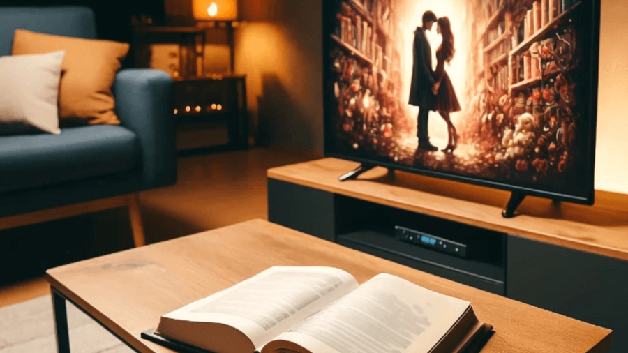 Buchverfilmung: Ein Buch liegt vor einem Fernseher, in dem eine Romanze läuft