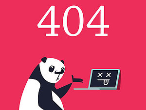 Fehler 404 Seite. Trauriger Panda, der auf einen toten Computer zeigt.