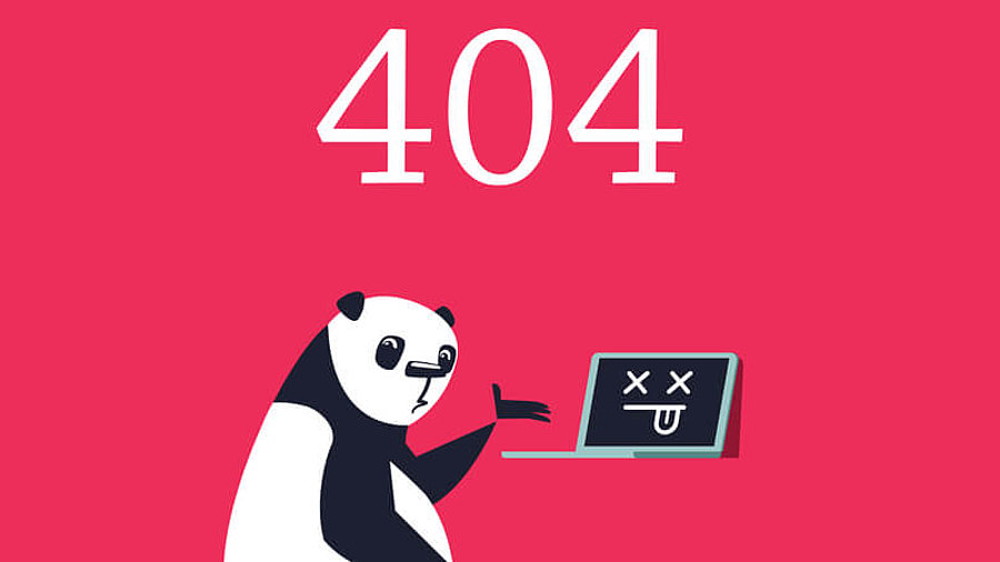 Fehler 404 Seite. Trauriger Panda, der auf einen toten Computer zeigt.