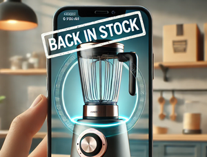 Bild einer Küche mit einem Smartphone, auf dem ein Standmixer abgebildet ist mit dem Banner "Back in Stock"