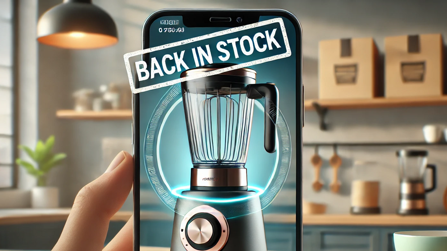 Bild einer Küche mit einem Smartphone, auf dem ein Standmixer abgebildet ist mit dem Banner "Back in Stock"