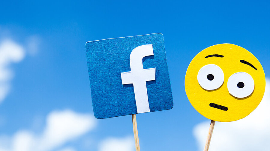 Facebook-Logo und erstaunter Smiley an Holzstab vor blauem Himmel.