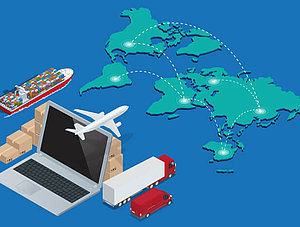 Logistik-Netzwerk | Grafik Laptop mit Weltkarte 