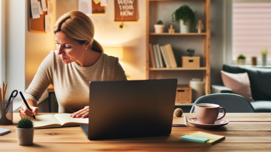 Frau sitzt am Schreibtisch und k&uuml;mmert sich um ihr Small Business