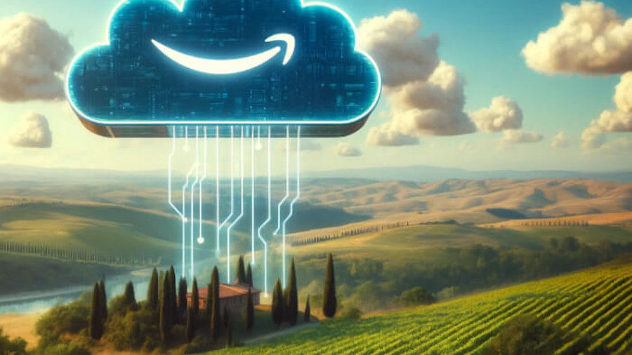 Digitale Cloud mit einem Amazon-Lächeln über einer italienischen Landschaft