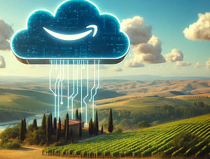 Digitale Cloud mit einem Amazon-Lächeln über einer italienischen Landschaft