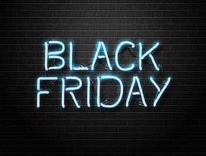 Black Friday in Leuchtschrift auf dunklem Grund