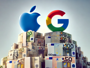 Die Logos von Apple und Google stehen auf einem großen Berg mit Geldscheinen