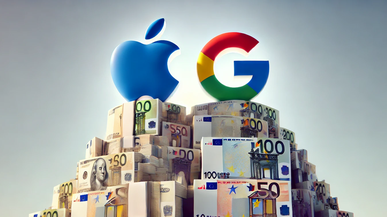 Die Logos von Apple und Google stehen auf einem großen Berg mit Geldscheinen