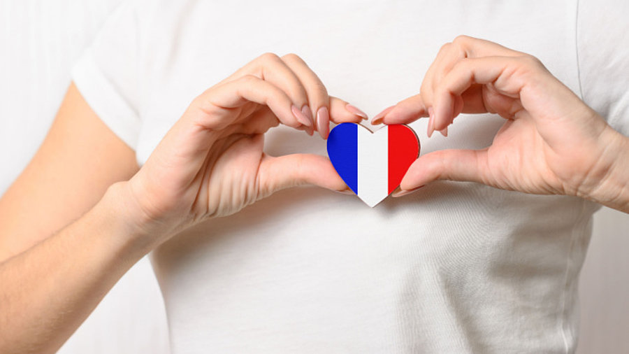 Hand hält Herz mit Frankreich Flagge