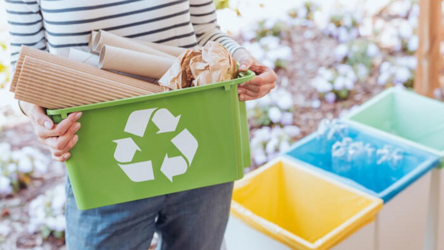 Frau hält Recycling-Behälter mit Pappe in den Händen 