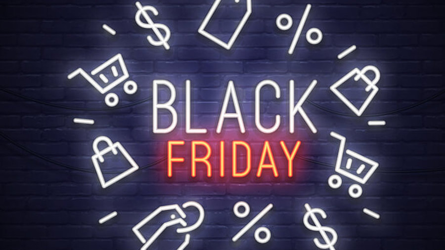 Schriftzug Black Friday mit leuchtenden Symbolen