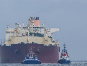 Hafenschlepper vor Containerschiff