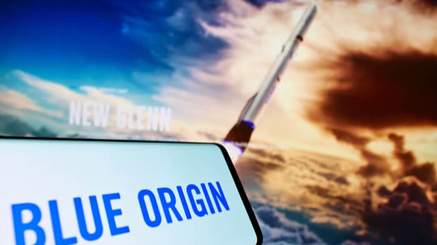 Logo und Rakete der Weltraumfirma Blue Origin