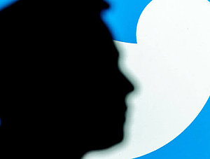 Elon Musk. Schwarze Silhouette vor Twitter-Logo