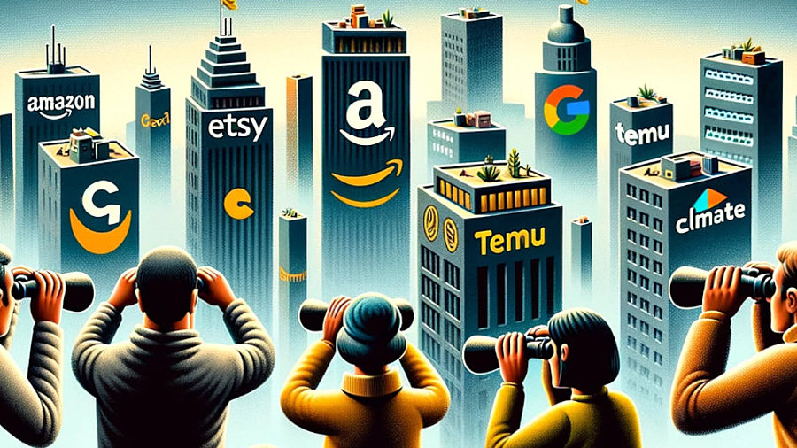 Leute beobachten mit Ferngl&auml;sern eine Stadt bestehend aus H&auml;usern mit Logos von Amazon, Etsy, Temu oder Google