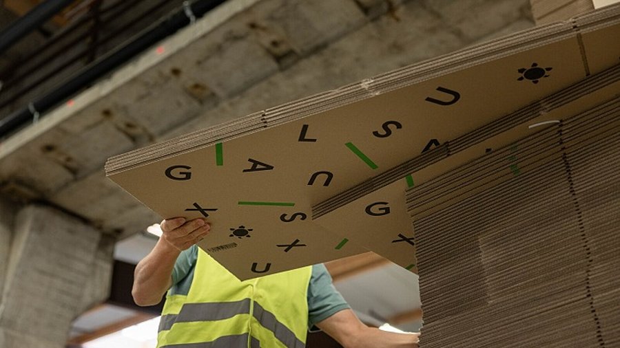 Galaxus-Mitarbeiter mit Kartons am Logistikstandort Wohlen