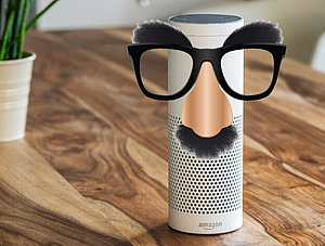 Amazon Echo mit lustiger Maske auf