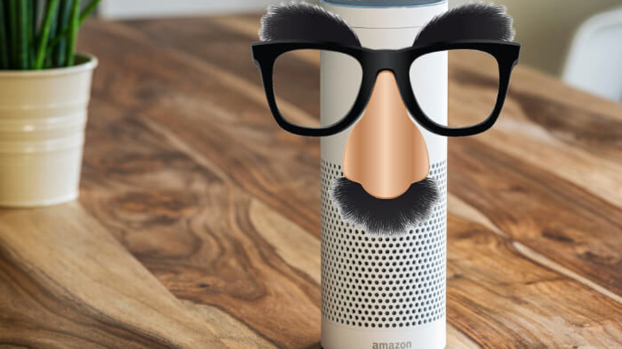 Amazon Echo mit lustiger Maske auf