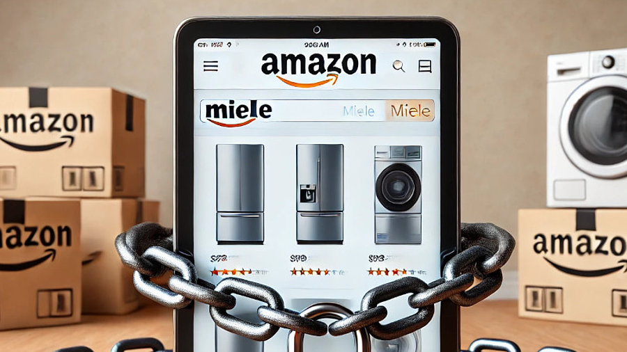 Tablet, das die Amazon-Webseite mit Miele-Produkten zeigt und mit Ketten und Schl&ouml;ssern verschlossen ist