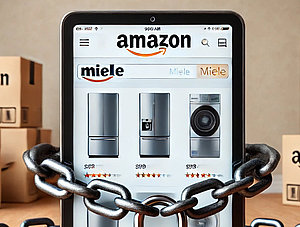 Tablet, das die Amazon-Webseite mit Miele-Produkten zeigt und mit Ketten und Schl&ouml;ssern verschlossen ist