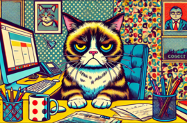 Ein Pop-Art-Stil Bild einer mürrisch dreinblickenden Katze, die an einem Schreibtisch sitzt. Die Katze hat einen deutlich übertriebenen Ausdruck des Missfallens und ist von gedämpften, zurückhaltenden Farben umgeben. Der Schreibtisch ist mit verschiedenen Gegenständen wie Papieren, einem Computer und einer Kaffeetasse überladen. Der Hintergrund zeigt Muster und Farben, die abgetönt sind und den Pop-Art-Stil beibehalten, aber mit einer weniger farbenfrohen Palette. 