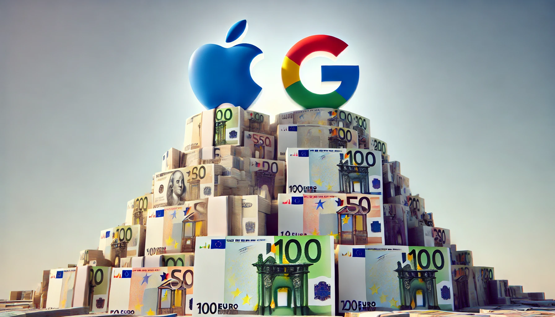 Die Logos von Apple und Google stehen auf einem großen Berg mit Geldscheinen