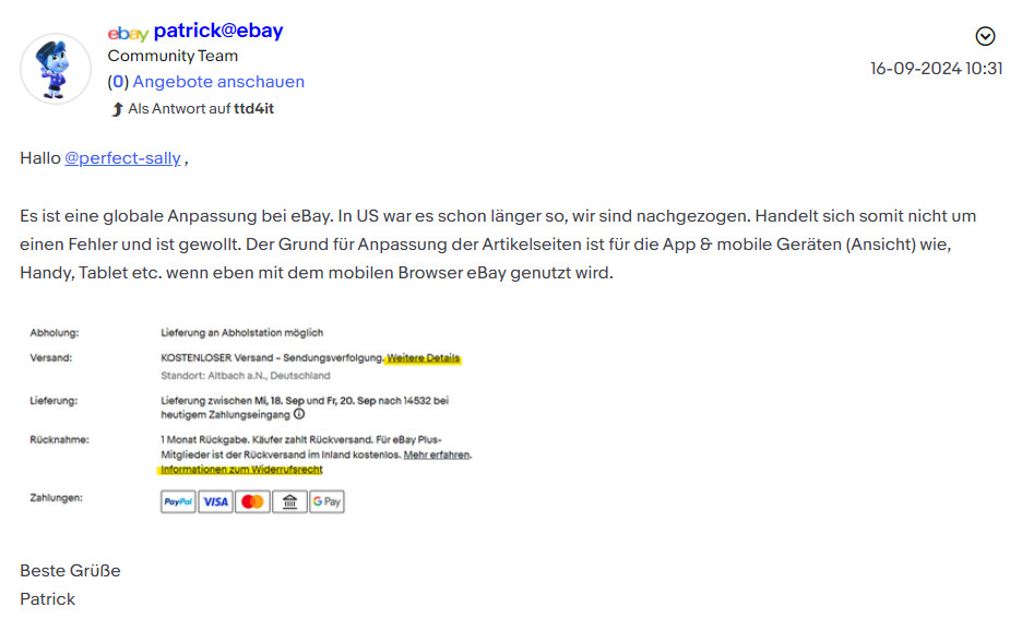 Screenshot aus dem Ebay-Community-Bereich