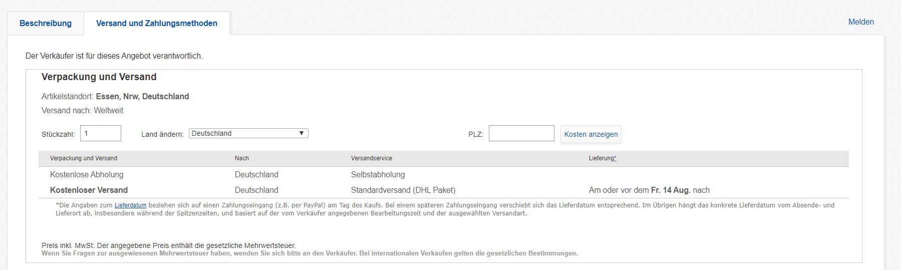 Screenshot vom 12.08.2020 © Ebay.de