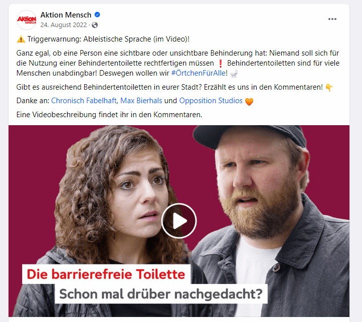 Screenshot Facebook-Post der Aktion Mensch vom 28.08.22 / aufgenommen am 26.10.23