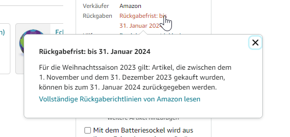 Screenshot: Amazon-Hinweis auf verlängertes Rückgaberecht